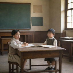 A scene set in colonial times, showing a Filipino child distressed in a classroom setting. The stern teacher, depicted in period attire, stands at the front, while the troubled child sits at a vintage desk, his expression conveying his difficulties.