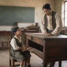 A scene set in colonial times, showing a Filipino child distressed in a classroom setting. The stern teacher, depicted in period attire, stands at the front, while the troubled child sits at a vintage desk, his expression conveying his difficulties.