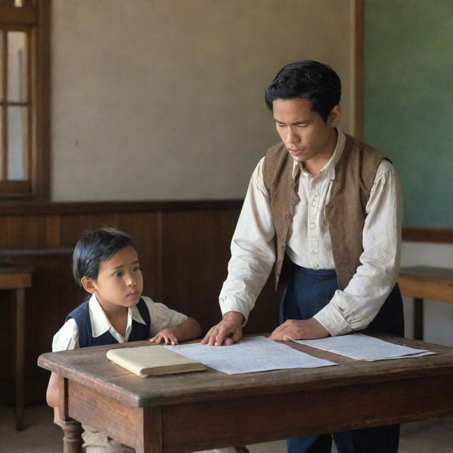 A scene set in colonial times, showing a Filipino child distressed in a classroom setting. The stern teacher, depicted in period attire, stands at the front, while the troubled child sits at a vintage desk, his expression conveying his difficulties.