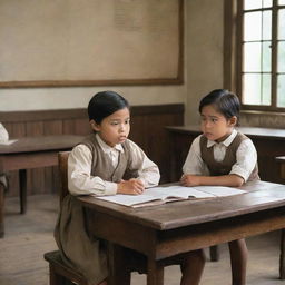 A scene set in colonial times, showing a Filipino child distressed in a classroom setting. The stern teacher, depicted in period attire, stands at the front, while the troubled child sits at a vintage desk, his expression conveying his difficulties.