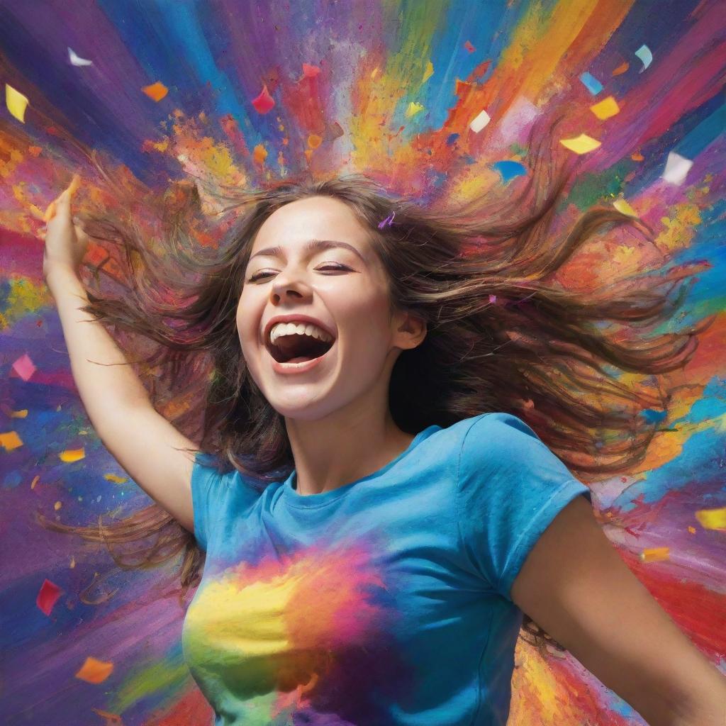 Artistic depiction of a joyful girl lost in the vibrant world of music, surrounded by an explosion of colors