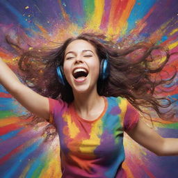 Artistic depiction of a joyful girl lost in the vibrant world of music, surrounded by an explosion of colors