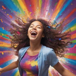 Artistic depiction of a joyful girl lost in the vibrant world of music, surrounded by an explosion of colors