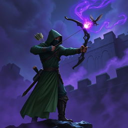 A hooded rogue assassin wearing a ninja mask and a flowing green cloak stands confidently, wielding a beautifully designed bow