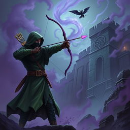 A hooded rogue assassin wearing a ninja mask and a flowing green cloak stands confidently, wielding a beautifully designed bow