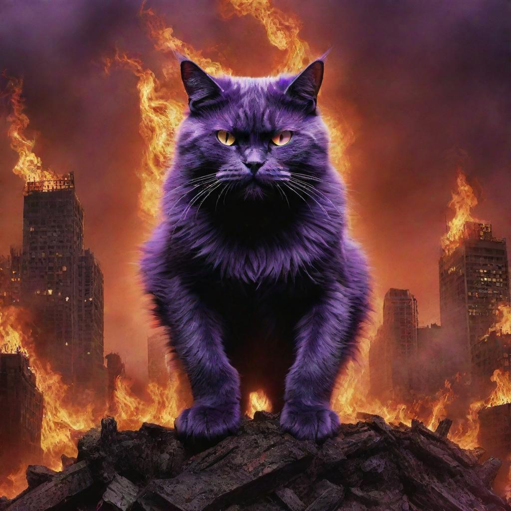 Elevate the evilness of the monstrous purple cat, depicting him amidst an apocalyptic backdrop of roaring inferno, intensifying his sinister presence as he drives his army against mankind.