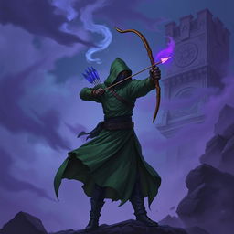 A hooded rogue assassin wearing a ninja mask and a flowing green cloak stands confidently, wielding a beautifully designed bow