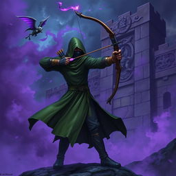 A hooded rogue assassin wearing a ninja mask and a flowing green cloak stands confidently, wielding a beautifully designed bow