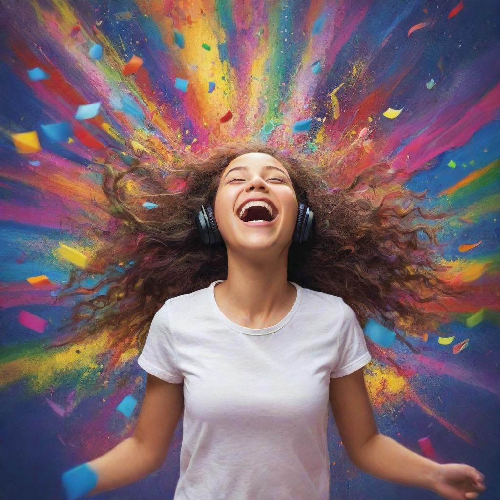 Artistic depiction of a joyful girl lost in the vibrant world of music, surrounded by an explosion of colors