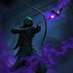 A hooded rogue assassin wearing a ninja mask, adorned in black leather armor and a flowing green cloak, stands poised and fierce