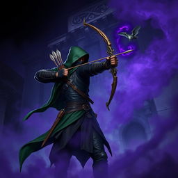 A hooded rogue assassin wearing a ninja mask, adorned in black leather armor and a flowing green cloak, stands poised and fierce