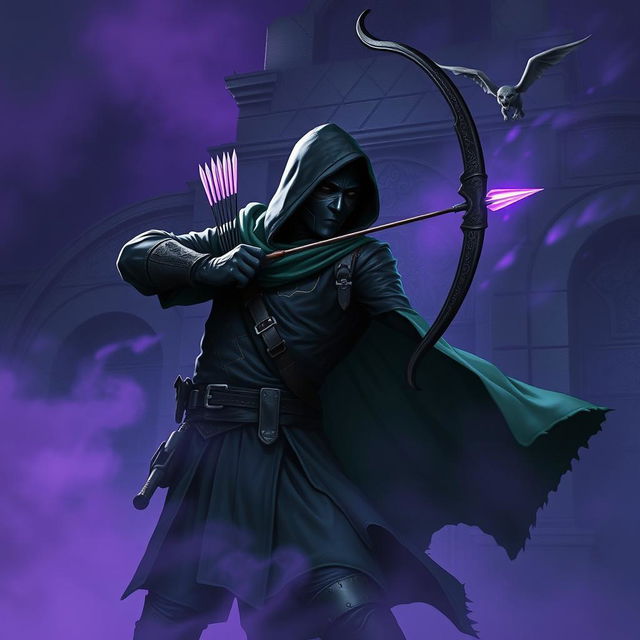 A hooded rogue assassin wearing a ninja mask, adorned in black leather armor and a flowing green cloak, stands poised and fierce