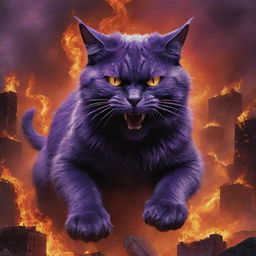 Elevate the evilness of the monstrous purple cat, depicting him amidst an apocalyptic backdrop of roaring inferno, intensifying his sinister presence as he drives his army against mankind.