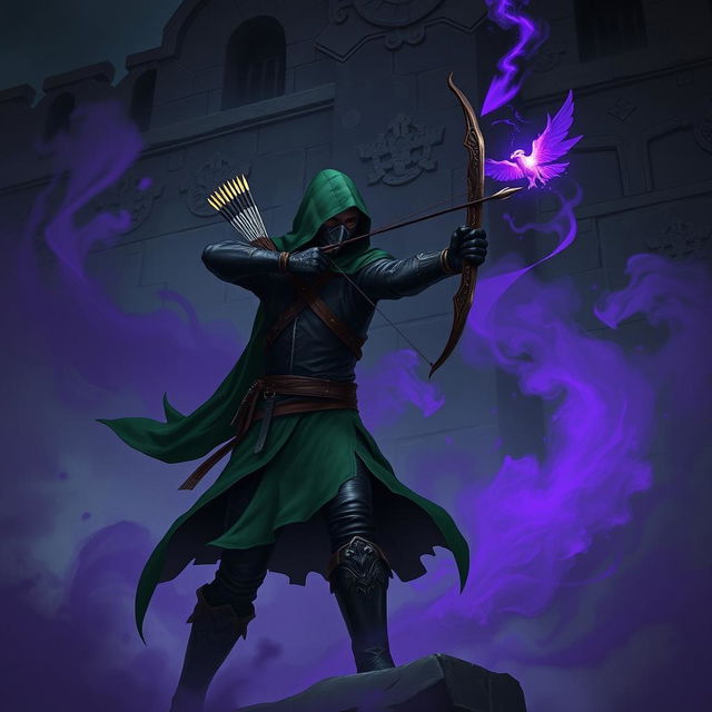 A hooded rogue assassin, clad in a ninja mask, sleek black leather armor, and a flowing green cloak, stands poised in a dynamic stance