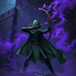 A hooded rogue assassin, clad in a ninja mask, sleek black leather armor, and a flowing green cloak, stands poised in a dynamic stance