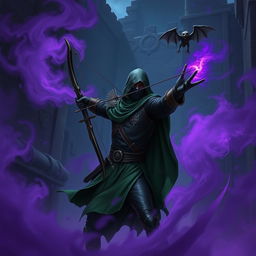 A hooded rogue assassin, clad in a ninja mask, sleek black leather armor, and a flowing green cloak, stands poised in a dynamic stance