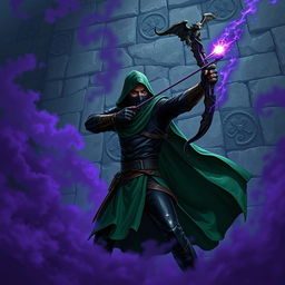 A hooded rogue assassin, clad in a ninja mask, sleek black leather armor, and a flowing green cloak, stands poised in a dynamic stance