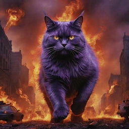 Elevate the evilness of the monstrous purple cat, depicting him amidst an apocalyptic backdrop of roaring inferno, intensifying his sinister presence as he drives his army against mankind.