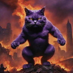 Elevate the evilness of the monstrous purple cat, depicting him amidst an apocalyptic backdrop of roaring inferno, intensifying his sinister presence as he drives his army against mankind.