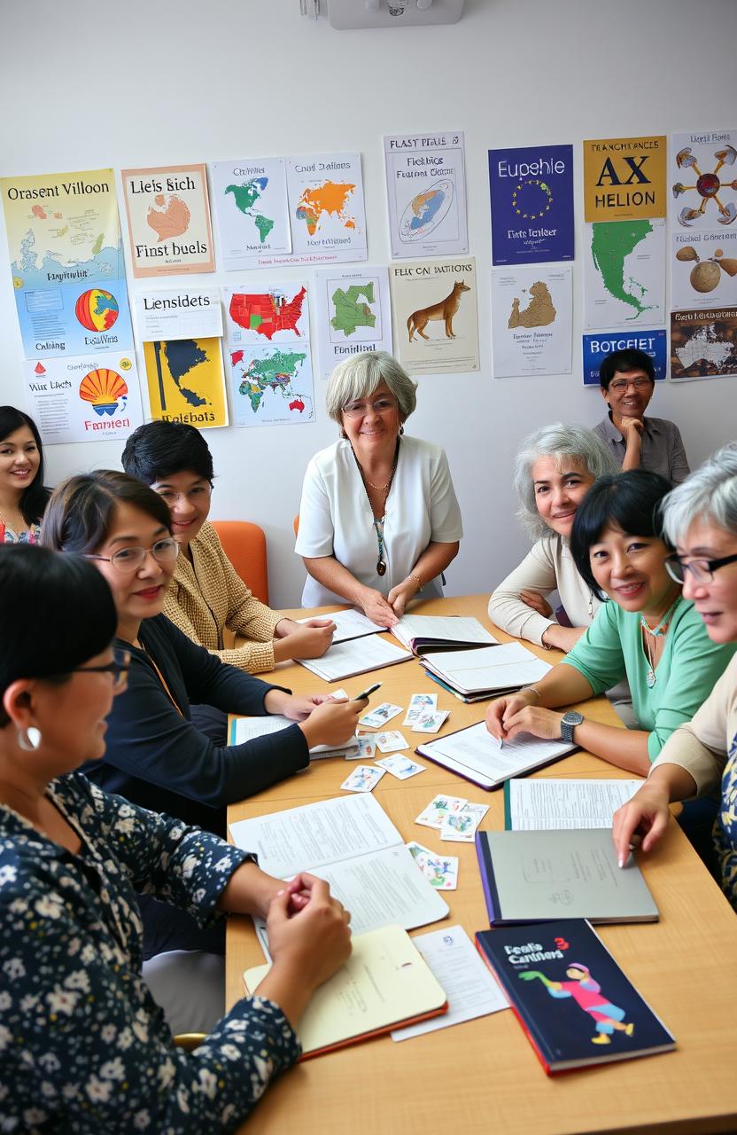 A vibrant classroom scene depicting a diverse group of adults engaged in learning English