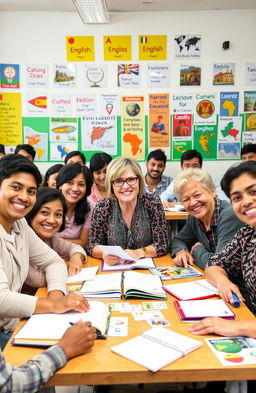 A vibrant classroom scene depicting a diverse group of adults engaged in learning English