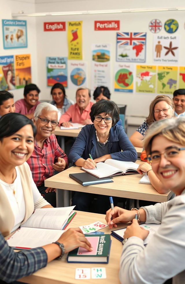 A vibrant classroom scene depicting a diverse group of adults engaged in learning English