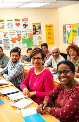 A vibrant classroom scene depicting a diverse group of adults engaged in learning English