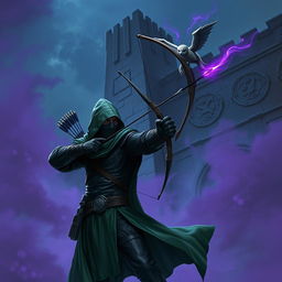 A hooded rogue assassin, clad in a ninja mask, sleek black leather armor, and a flowing green cloak, stands in a dramatic stance