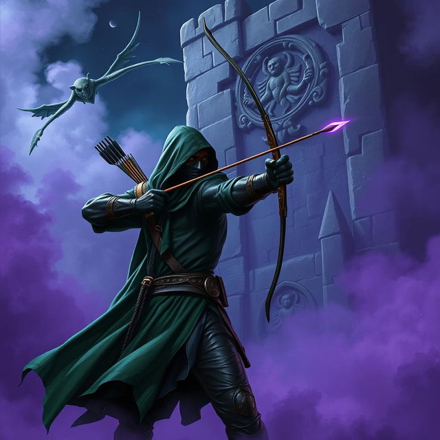 A hooded rogue assassin, clad in a ninja mask, sleek black leather armor, and a flowing green cloak, stands in a dramatic stance