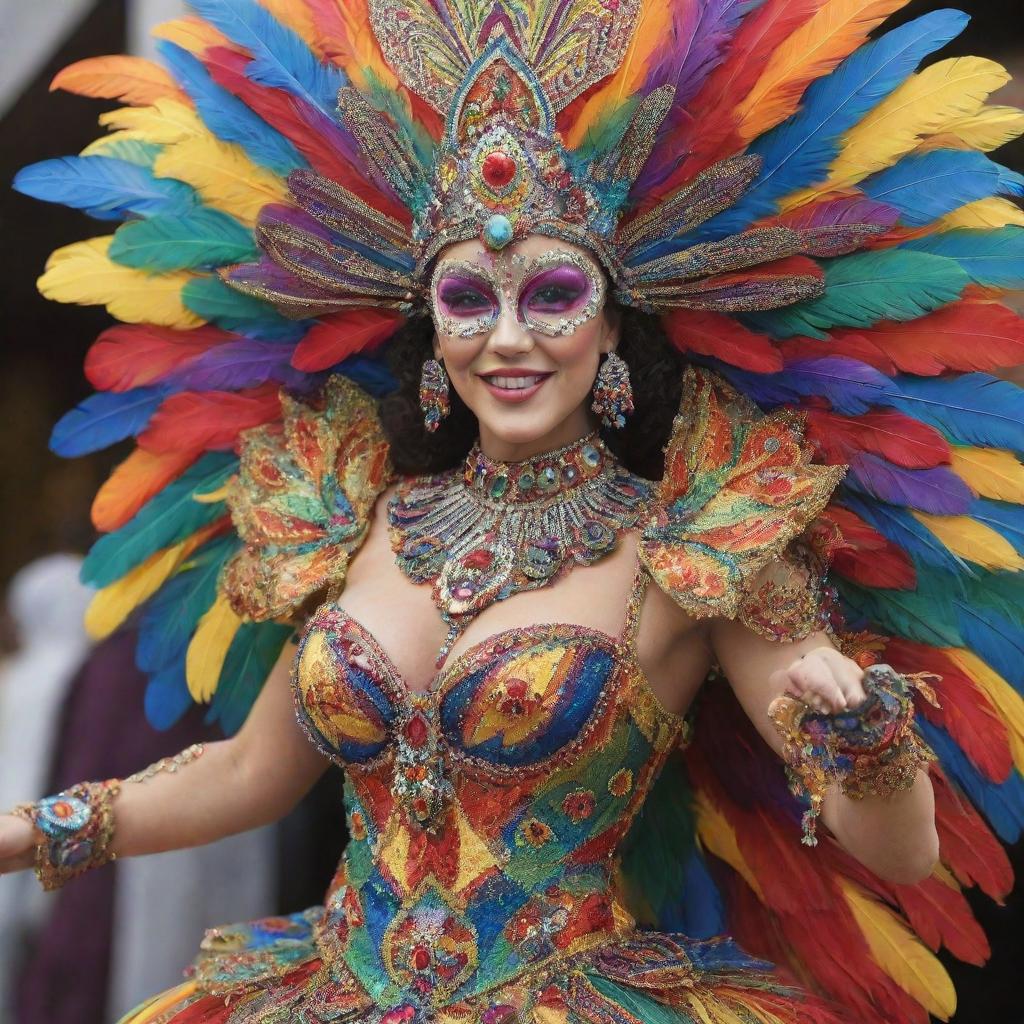 An elaborate and colorful costume for a carnival, featuring intricate patterns, sparkling ornaments, and vibrant feathers.