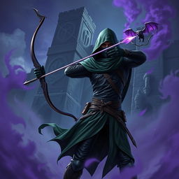 A hooded rogue assassin, clad in a ninja mask, sleek black leather armor, and a flowing green cloak, stands in a dramatic stance