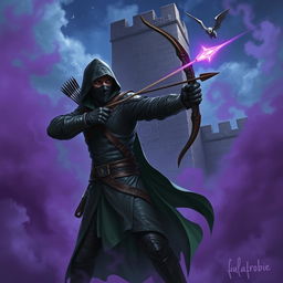 A hooded rogue assassin, clad in a ninja mask, sleek black leather armor, and a flowing green cloak, stands in a dramatic stance