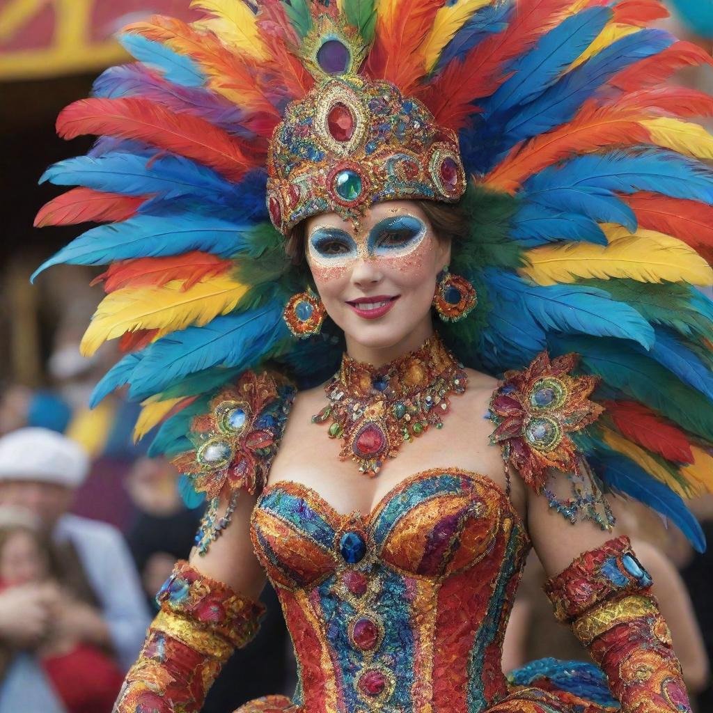 An elaborate and colorful costume for a carnival, featuring intricate patterns, sparkling ornaments, and vibrant feathers.