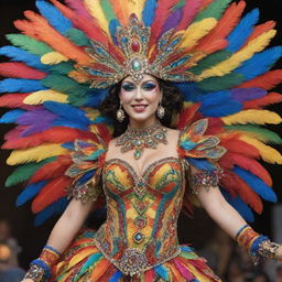 An elaborate and colorful costume for a carnival, featuring intricate patterns, sparkling ornaments, and vibrant feathers.