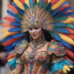 An elaborate and colorful costume for a carnival, featuring intricate patterns, sparkling ornaments, and vibrant feathers.