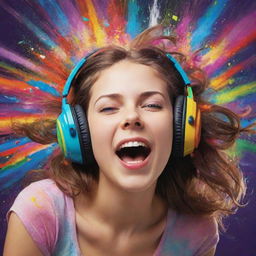 Artistic representation of a joyous girl engrossed in the music she is listening to, with her surroundings exploding into a vibrant array of colors