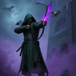 A hooded rogue assassin, dressed in a ninja mask, black leather armor, and a flowing green cloak, stands intensely focused