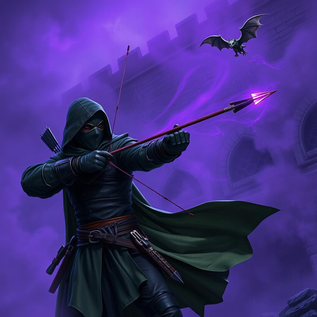 A hooded rogue assassin, dressed in a ninja mask, black leather armor, and a flowing green cloak, stands intensely focused