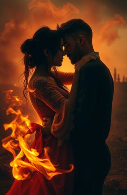 A dramatic and emotional scene showcasing a couple in a passionate embrace, surrounded by ethereal flames that softly illuminate their faces