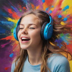 Artistic representation of a joyous girl engrossed in the music she is listening to, with her surroundings exploding into a vibrant array of colors