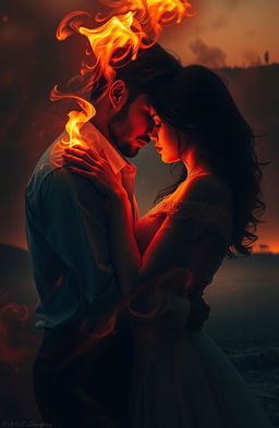 A dramatic and emotional scene showcasing a couple in a passionate embrace, surrounded by ethereal flames that softly illuminate their faces