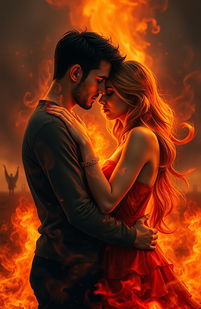 A dramatic and emotional scene showcasing a couple in a passionate embrace, surrounded by ethereal flames that softly illuminate their faces