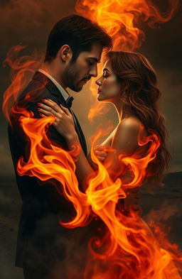 A dramatic and emotional scene showcasing a couple in a passionate embrace, surrounded by ethereal flames that softly illuminate their faces