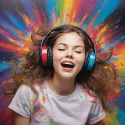 Artistic representation of a joyous girl engrossed in the music she is listening to, with her surroundings exploding into a vibrant array of colors