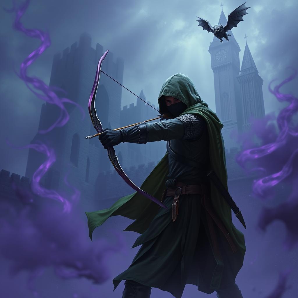 A hooded rogue assassin, adorned in a ninja mask, sleek black leather armor, and a flowing green cloak, stands ready to strike