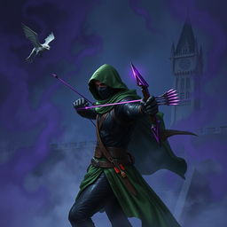 A hooded rogue assassin, adorned in a ninja mask, sleek black leather armor, and a flowing green cloak, stands ready to strike