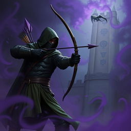 A hooded rogue assassin, adorned in a ninja mask, sleek black leather armor, and a flowing green cloak, stands ready to strike