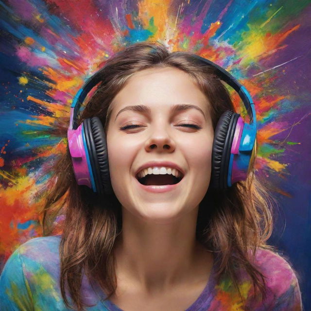 Artistic representation of a joyous girl engrossed in the music she is listening to, with her surroundings exploding into a vibrant array of colors