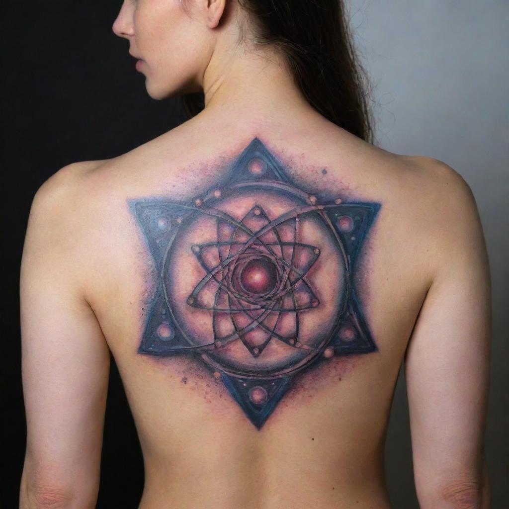 Design a tattoo, blending elements of physics such as atoms, particles, quantum waves, and galaxies into an enthralling and intriguing piece of body art.