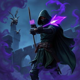 A hooded rogue assassin, equipped with a ninja mask, sleek black leather armor, and a flowing green cloak, stands poised in the depths of night